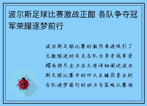 波尔斯足球比赛激战正酣 各队争夺冠军荣耀逐梦前行