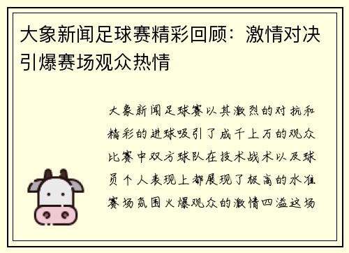 大象新闻足球赛精彩回顾：激情对决引爆赛场观众热情