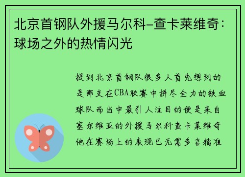 北京首钢队外援马尔科-查卡莱维奇：球场之外的热情闪光