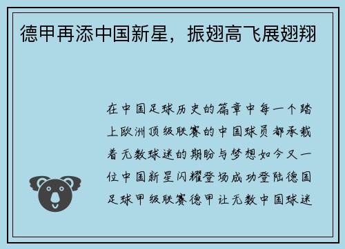 德甲再添中国新星，振翅高飞展翅翔
