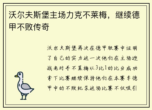 沃尔夫斯堡主场力克不莱梅，继续德甲不败传奇