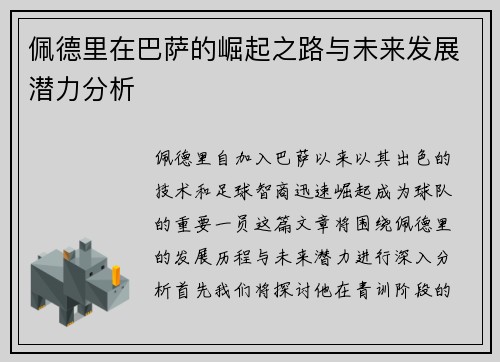 佩德里在巴萨的崛起之路与未来发展潜力分析