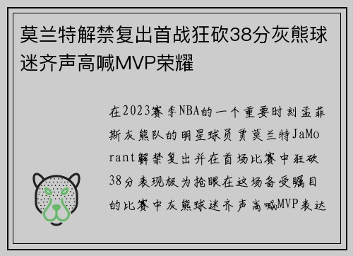 莫兰特解禁复出首战狂砍38分灰熊球迷齐声高喊MVP荣耀