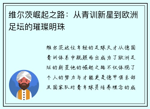 维尔茨崛起之路：从青训新星到欧洲足坛的璀璨明珠