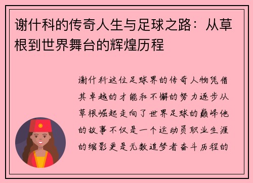 谢什科的传奇人生与足球之路：从草根到世界舞台的辉煌历程