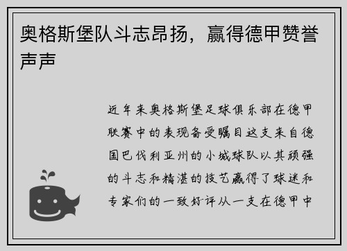 奥格斯堡队斗志昂扬，赢得德甲赞誉声声