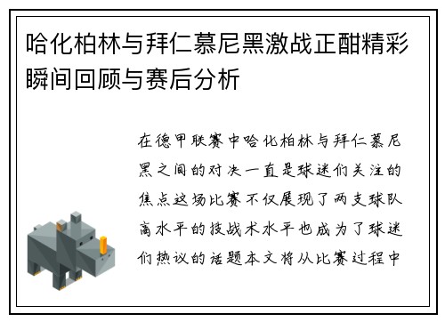 哈化柏林与拜仁慕尼黑激战正酣精彩瞬间回顾与赛后分析