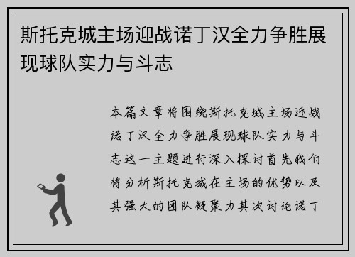斯托克城主场迎战诺丁汉全力争胜展现球队实力与斗志