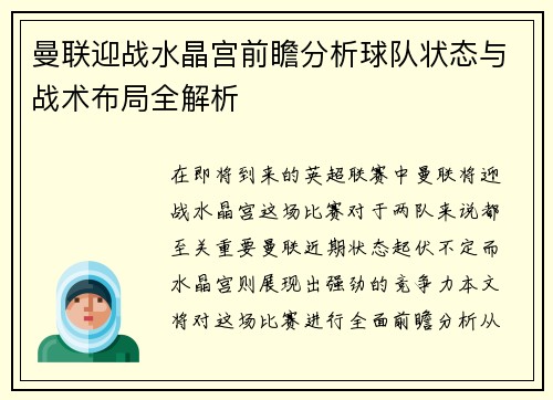 曼联迎战水晶宫前瞻分析球队状态与战术布局全解析