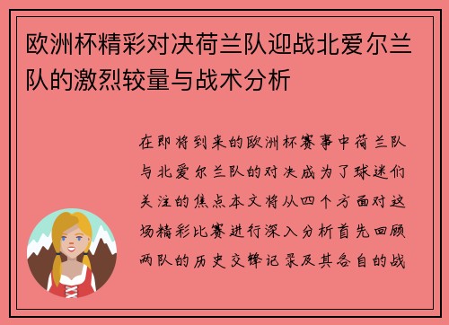 欧洲杯精彩对决荷兰队迎战北爱尔兰队的激烈较量与战术分析