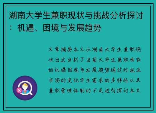 湖南大学生兼职现状与挑战分析探讨：机遇、困境与发展趋势