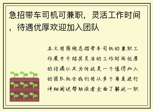 急招带车司机可兼职，灵活工作时间，待遇优厚欢迎加入团队