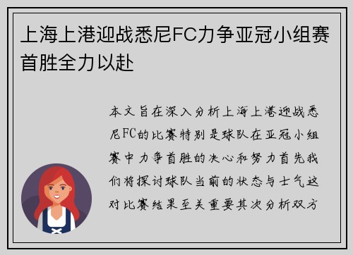 上海上港迎战悉尼FC力争亚冠小组赛首胜全力以赴