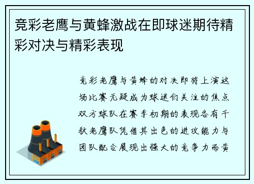 竞彩老鹰与黄蜂激战在即球迷期待精彩对决与精彩表现