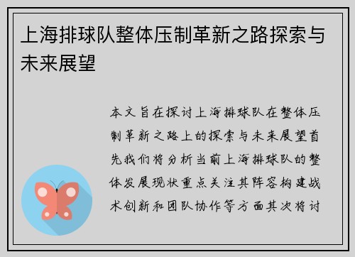 上海排球队整体压制革新之路探索与未来展望