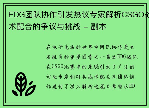 EDG团队协作引发热议专家解析CSGO战术配合的争议与挑战 - 副本