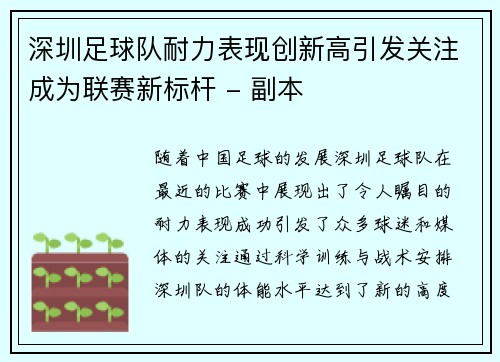 深圳足球队耐力表现创新高引发关注成为联赛新标杆 - 副本