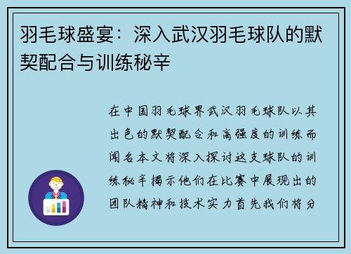 羽毛球盛宴：深入武汉羽毛球队的默契配合与训练秘辛